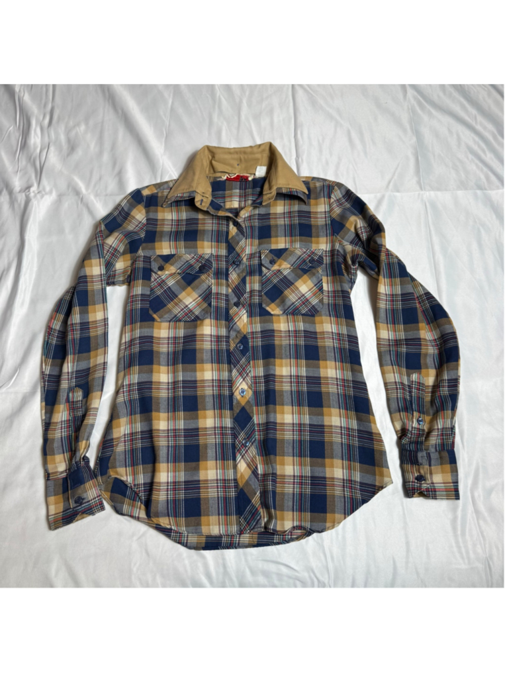 Women's Vintage French Accent Plaid Button Down Shirt Size 5/6 Blue Beige